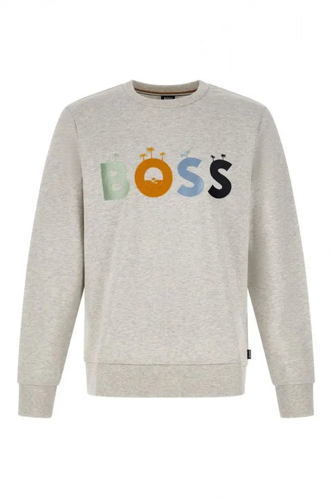 Elegant Grey Round Neck Cotton Sweatshirt Hugo Boss