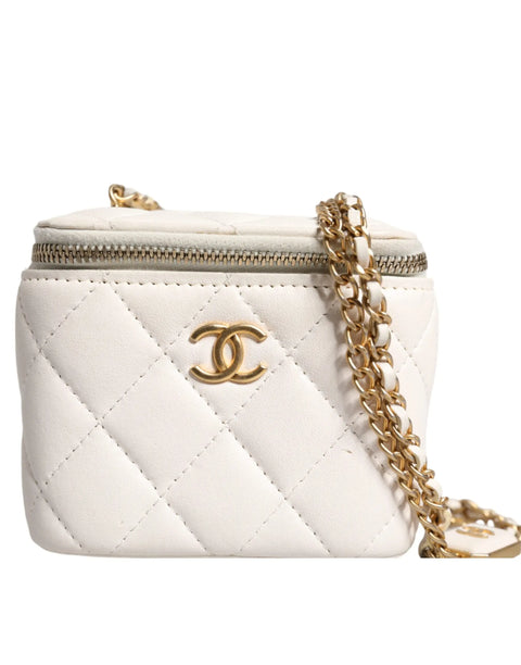 White Matelasse Lambskin Gold Chain Shoulder Vanity Mirror Chanel