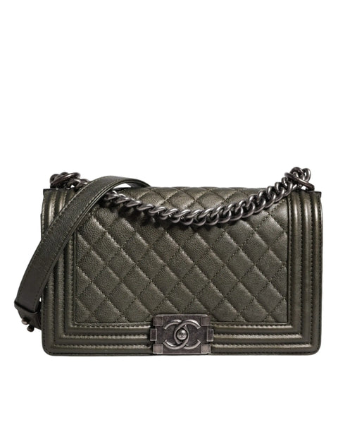 Dark Green Leather Shoulder Bag Gray Metal Purse Bag Chanel