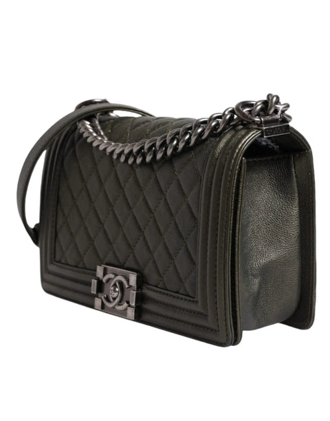 Dark Green Leather Shoulder Bag Gray Metal Purse Bag Chanel