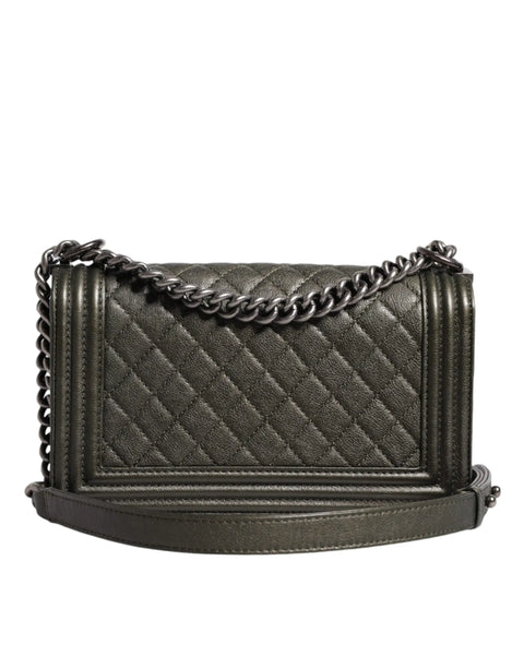 Dark Green Leather Shoulder Bag Gray Metal Purse Bag Chanel