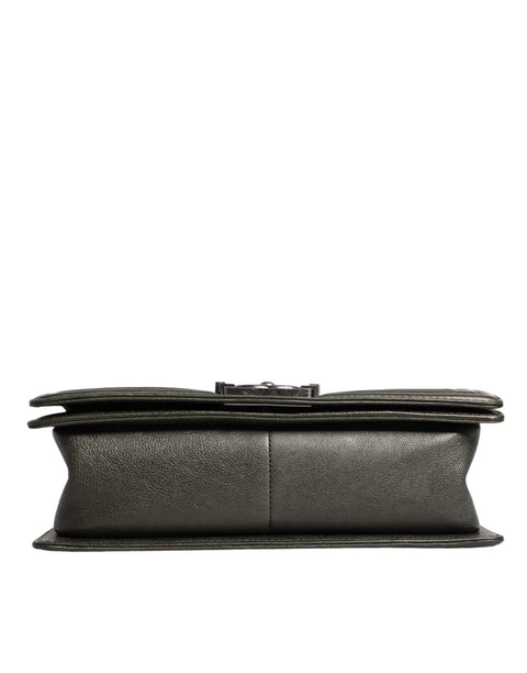 Dark Green Leather Shoulder Bag Gray Metal Purse Bag Chanel