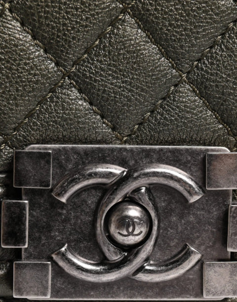 Dark Green Leather Shoulder Bag Gray Metal Purse Bag Chanel