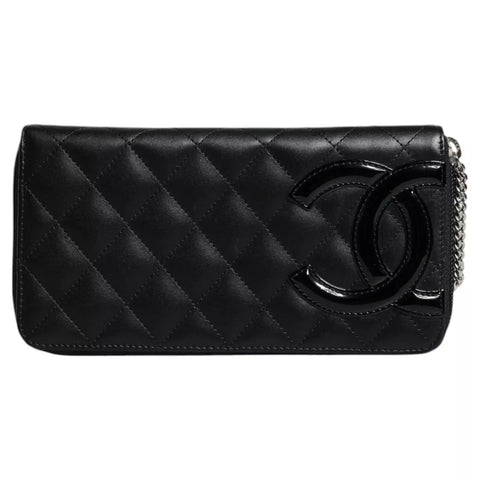 Black Quilted Leather Logo CC Continental Zip Wallet Chanel