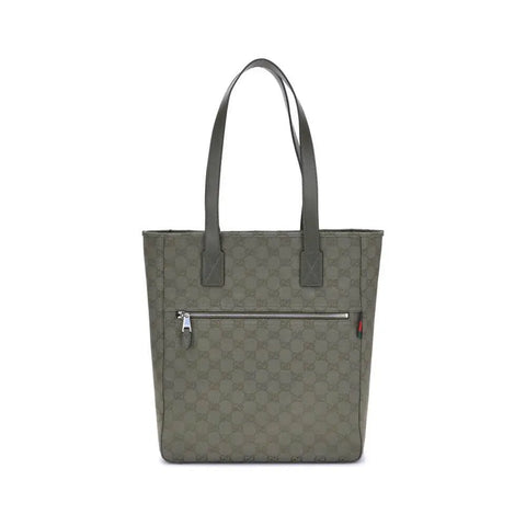 GG canvas medium Tote Bag in olive green with contrasting leather handles and zippered pocket.